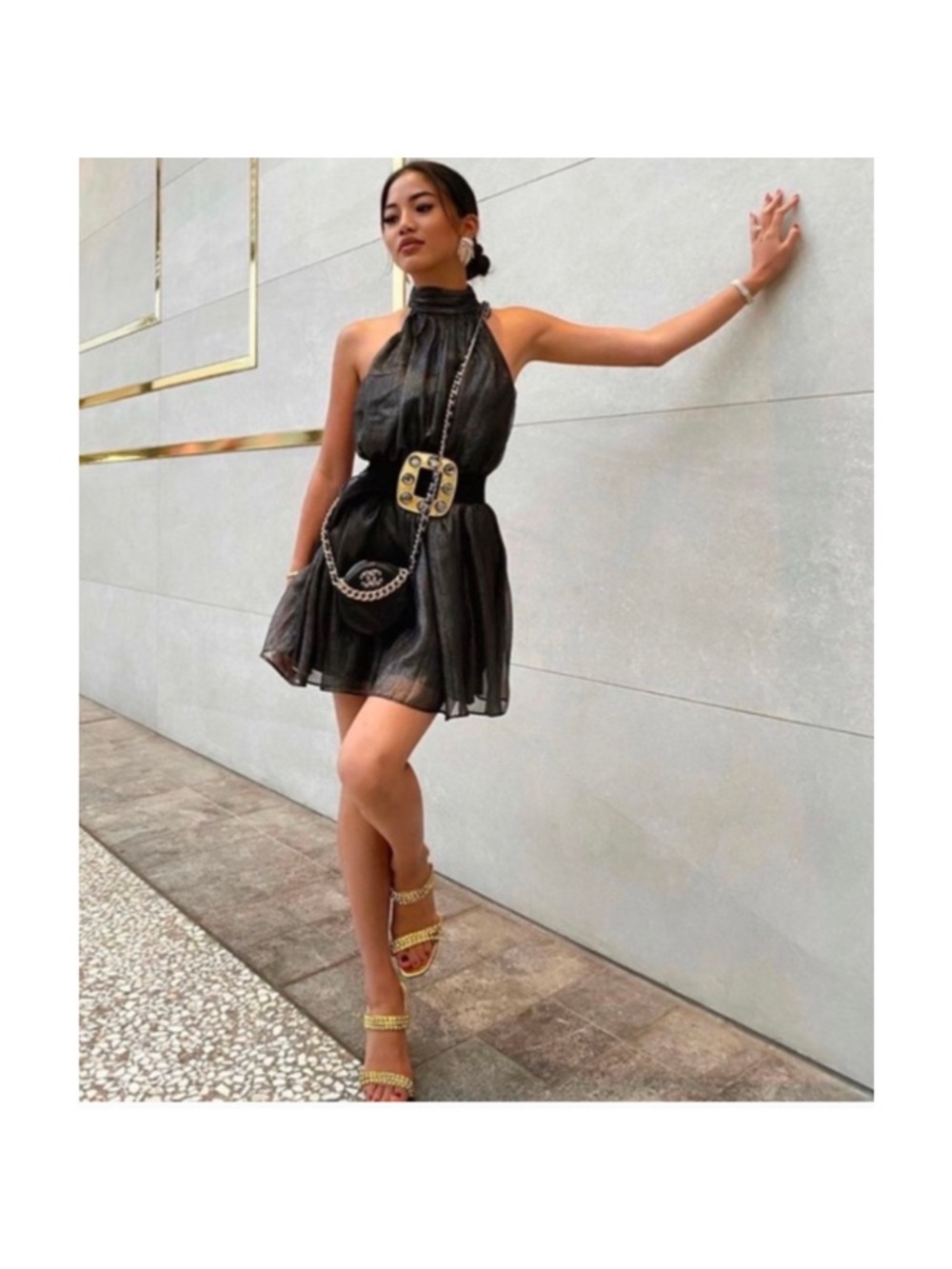 Choosy Black Shimmer Chiffon Open Back Halter Swing Mini Dress Size Small